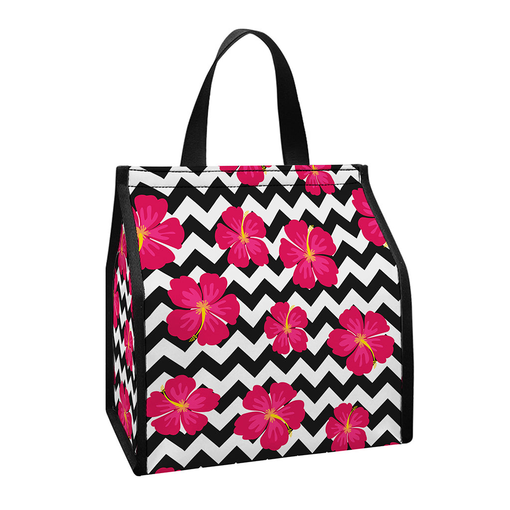 Pink Hibiscus Zigzag Pattern Print Insulated Lunch Tote