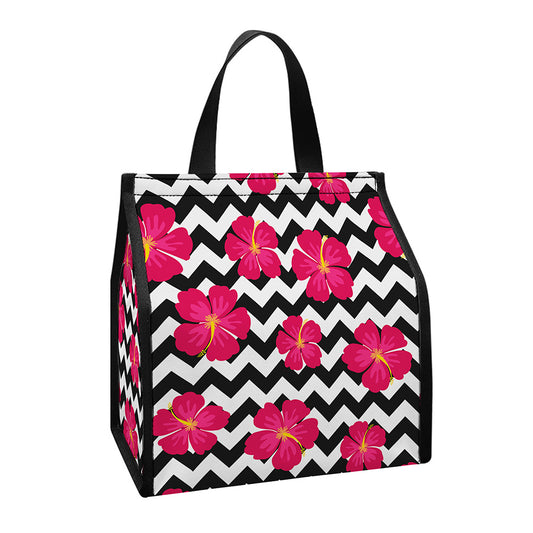 Pink Hibiscus Zigzag Pattern Print Insulated Lunch Tote