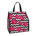Pink Hibiscus Zigzag Pattern Print Insulated Lunch Tote