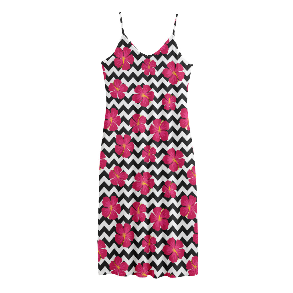 Pink Hibiscus Zigzag Pattern Print Jersey Midi Cami Dress