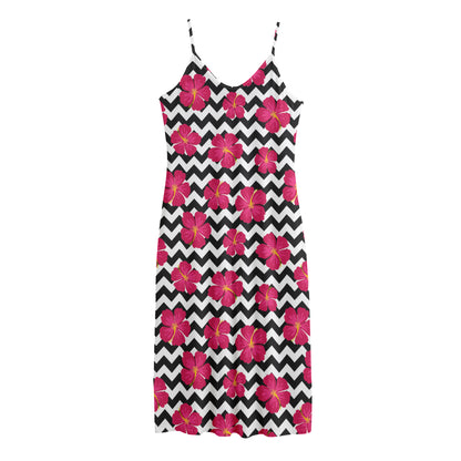 Pink Hibiscus Zigzag Pattern Print Jersey Midi Cami Dress