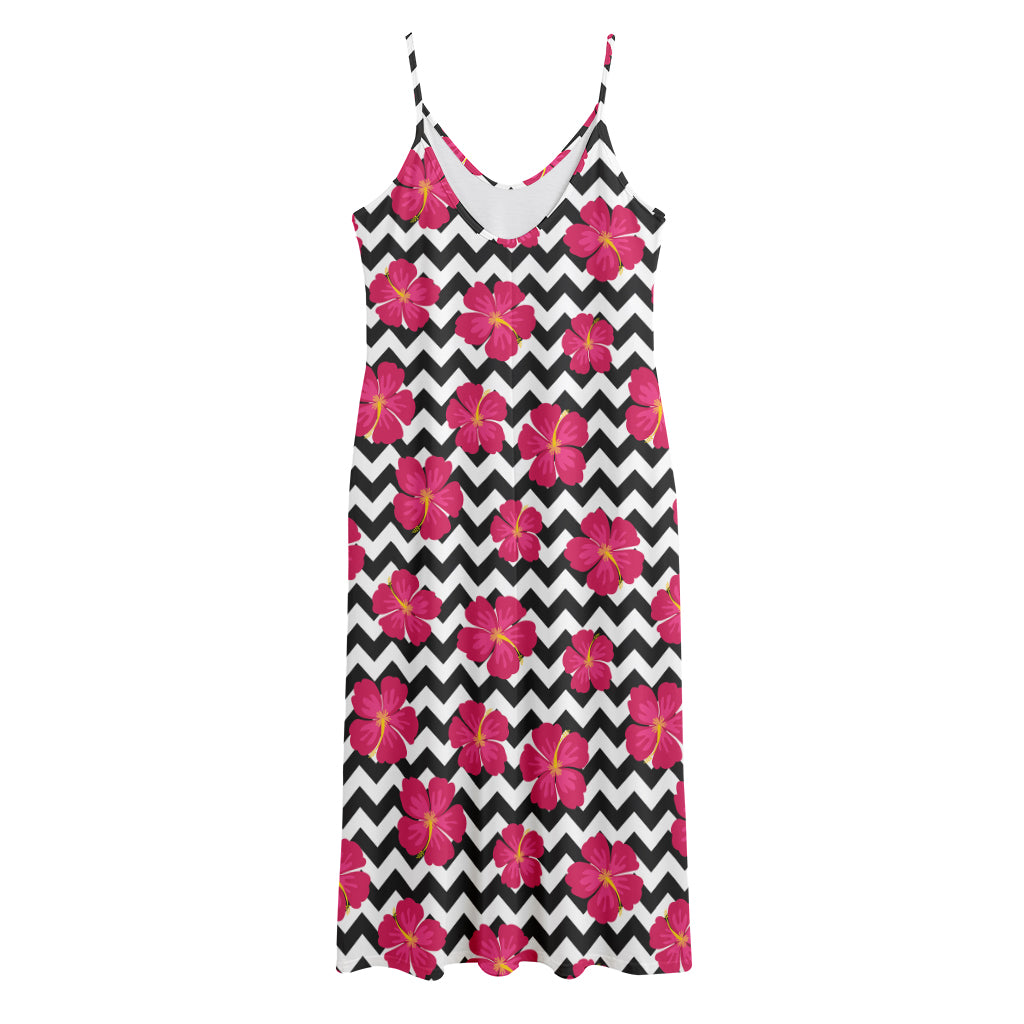 Pink Hibiscus Zigzag Pattern Print Jersey Midi Cami Dress
