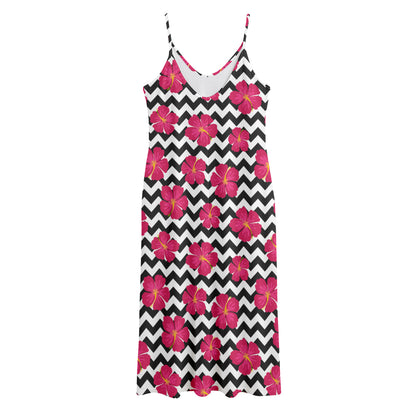 Pink Hibiscus Zigzag Pattern Print Jersey Midi Cami Dress
