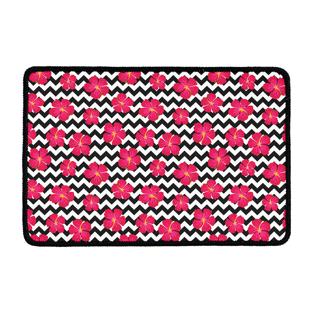 Pink Hibiscus Zigzag Pattern Print Kitchen Mat