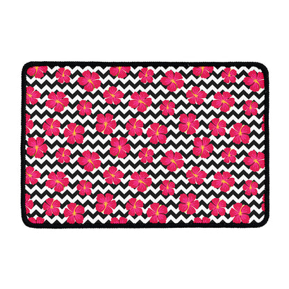 Pink Hibiscus Zigzag Pattern Print Kitchen Mat