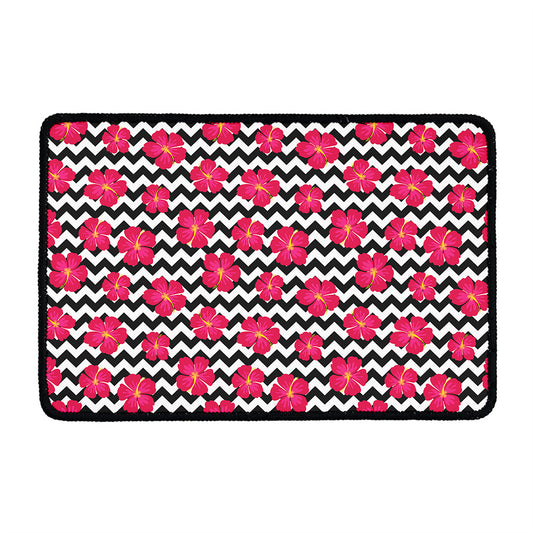 Pink Hibiscus Zigzag Pattern Print Kitchen Mat