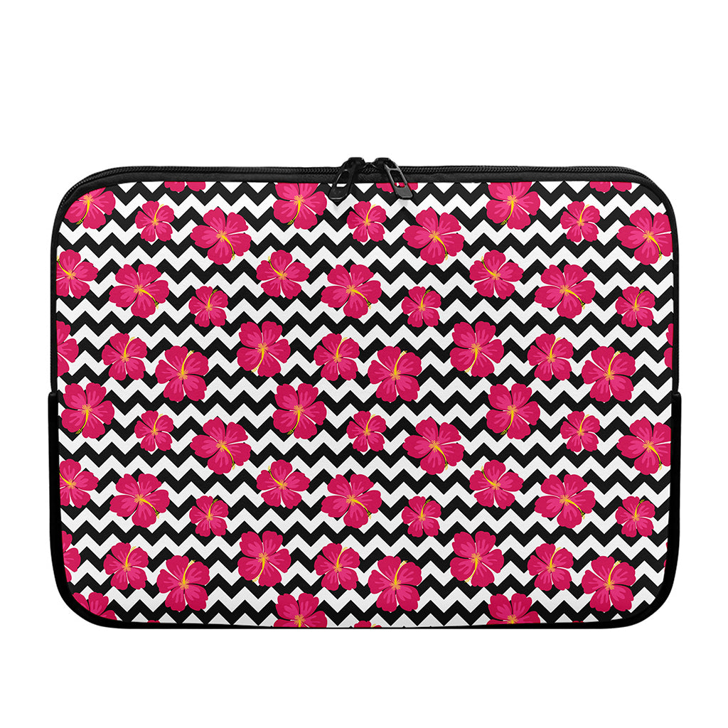 Pink Hibiscus Zigzag Pattern Print Laptop Sleeve