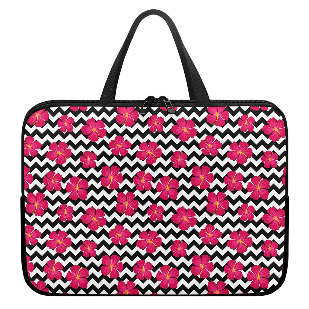 Pink Hibiscus Zigzag Pattern Print Laptop Sleeve With Handle