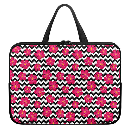 Pink Hibiscus Zigzag Pattern Print Laptop Sleeve With Handle