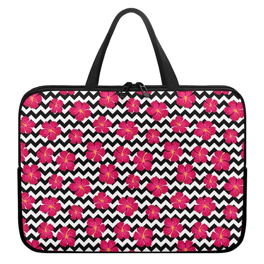 Pink Hibiscus Zigzag Pattern Print Laptop Sleeve With Handle