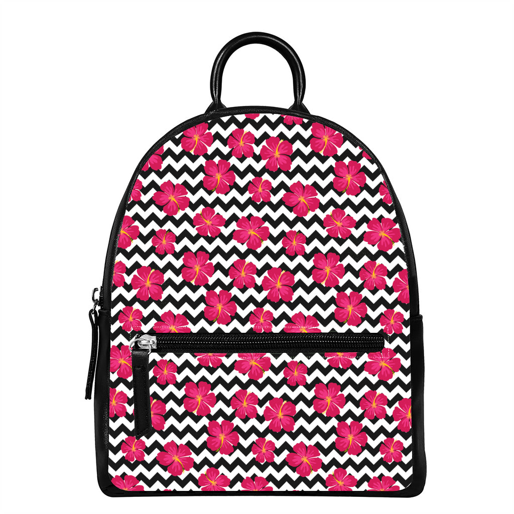 Pink Hibiscus Zigzag Pattern Print Leather Backpack