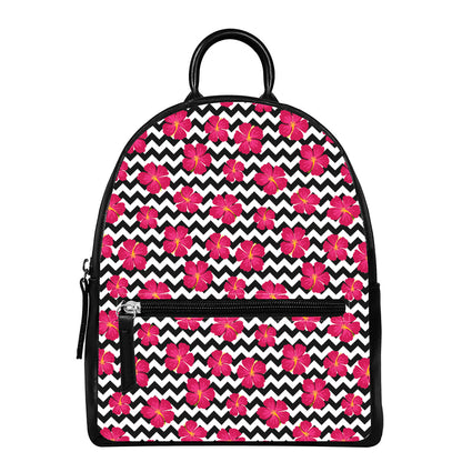 Pink Hibiscus Zigzag Pattern Print Leather Backpack