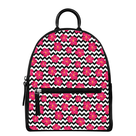 Pink Hibiscus Zigzag Pattern Print Leather Backpack