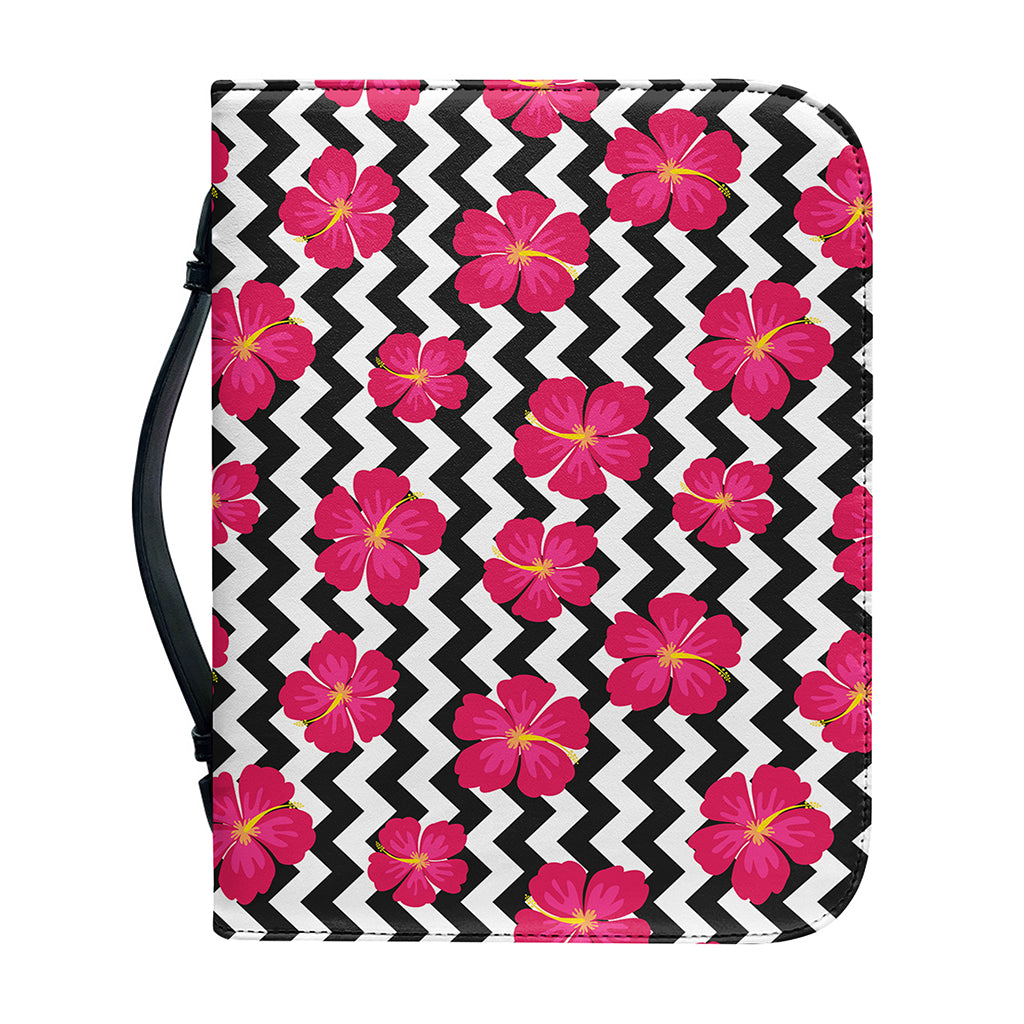 Pink Hibiscus Zigzag Pattern Print Leather Bible Cover