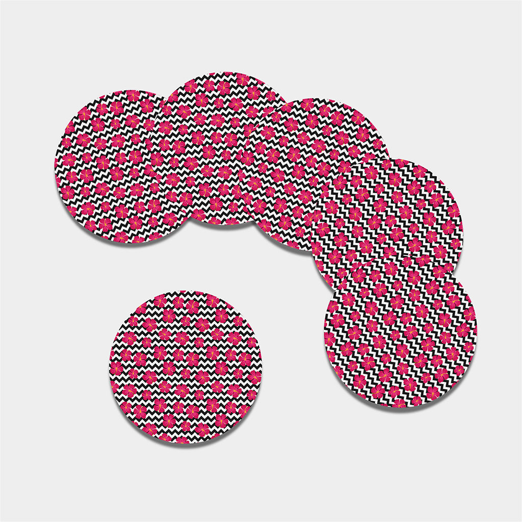 Pink Hibiscus Zigzag Pattern Print Leather Coaster Set
