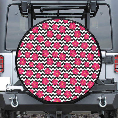 Pink Hibiscus Zigzag Pattern Print Leather Spare Tire Cover