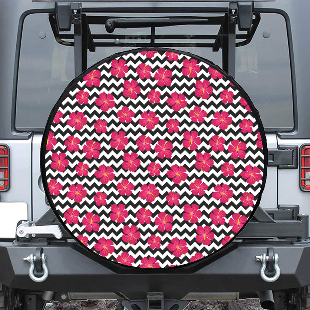 Pink Hibiscus Zigzag Pattern Print Leather Spare Tire Cover