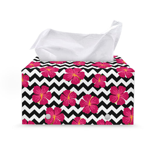 Pink Hibiscus Zigzag Pattern Print Leather Tissue Box Cover