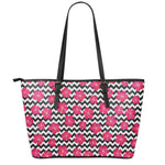 Pink Hibiscus Zigzag Pattern Print Leather Tote Bag