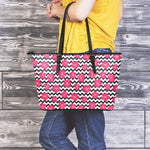 Pink Hibiscus Zigzag Pattern Print Leather Tote Bag
