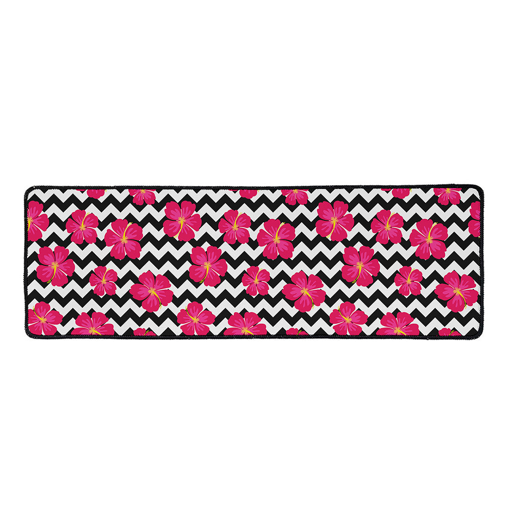 Pink Hibiscus Zigzag Pattern Print Long Kitchen Mat