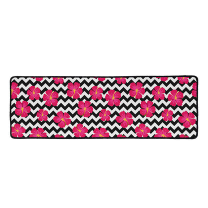 Pink Hibiscus Zigzag Pattern Print Long Kitchen Mat