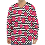 Pink Hibiscus Zigzag Pattern Print Long Sleeve Baseball Jersey