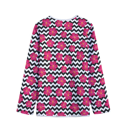 Pink Hibiscus Zigzag Pattern Print Long Sleeve Short Coat
