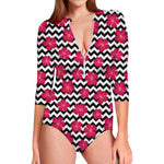 Pink Hibiscus Zigzag Pattern Print Long Sleeve Swimsuit