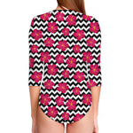 Pink Hibiscus Zigzag Pattern Print Long Sleeve Swimsuit
