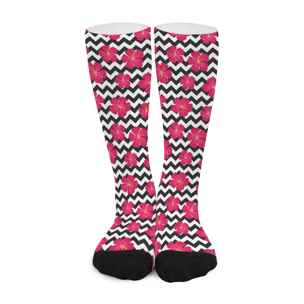 Pink Hibiscus Zigzag Pattern Print Long Socks