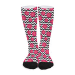Pink Hibiscus Zigzag Pattern Print Long Socks