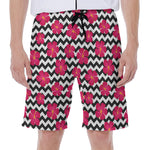 Pink Hibiscus Zigzag Pattern Print Men's Beach Shorts
