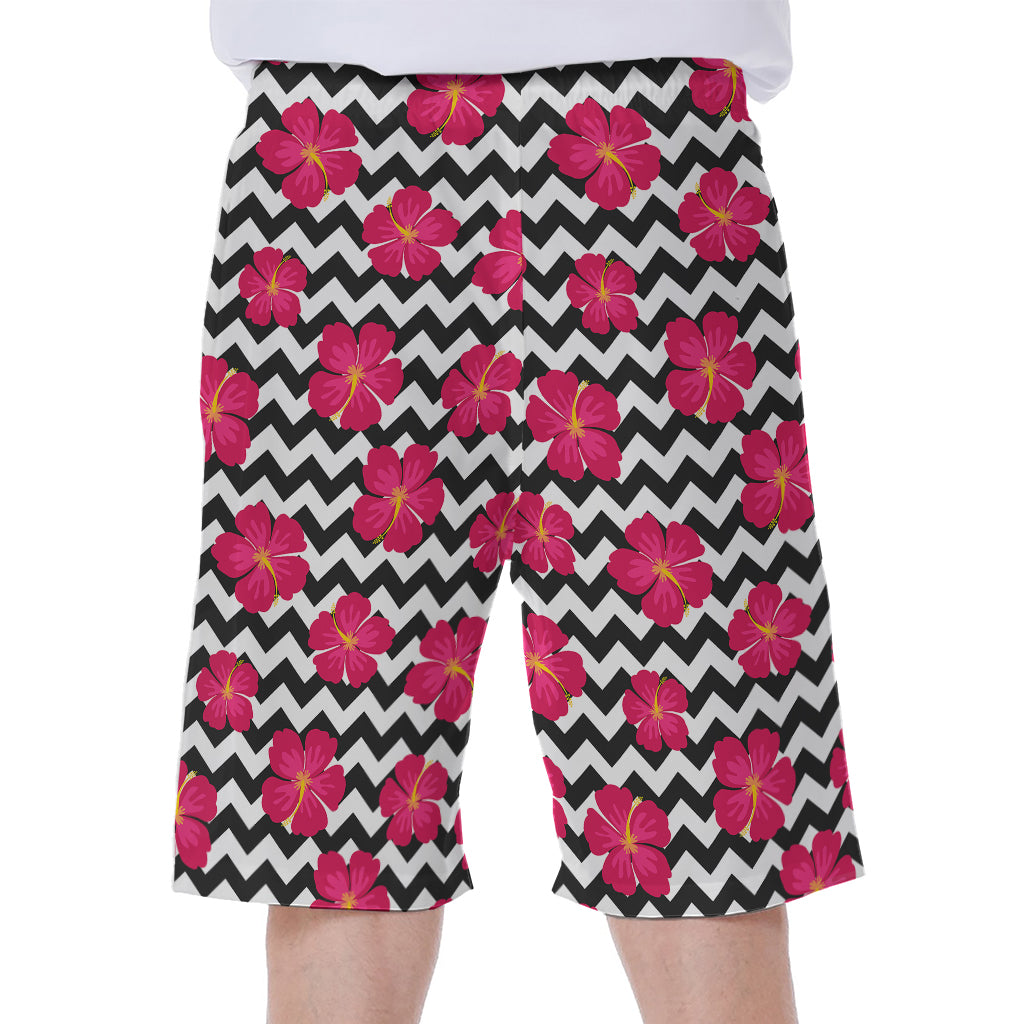 Pink Hibiscus Zigzag Pattern Print Men's Beach Shorts