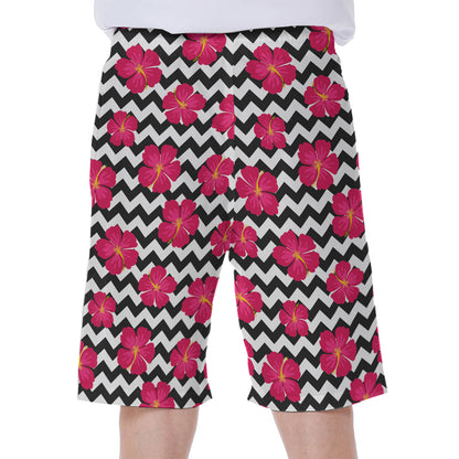 Pink Hibiscus Zigzag Pattern Print Men's Beach Shorts