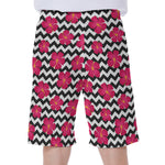 Pink Hibiscus Zigzag Pattern Print Men's Beach Shorts