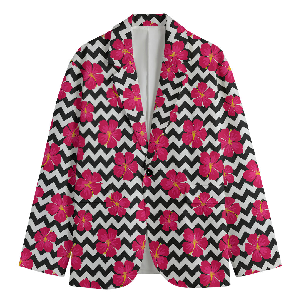 Pink Hibiscus Zigzag Pattern Print Men's Blazer