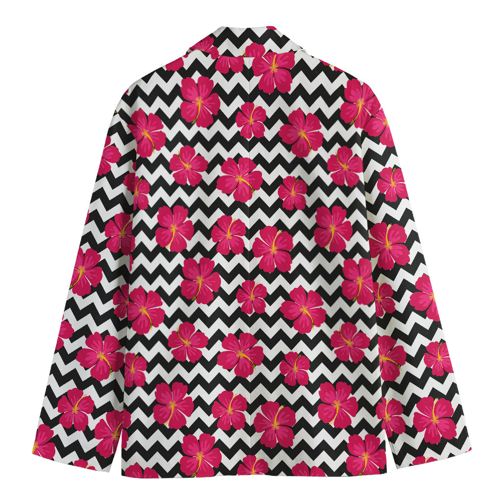 Pink Hibiscus Zigzag Pattern Print Men's Blazer