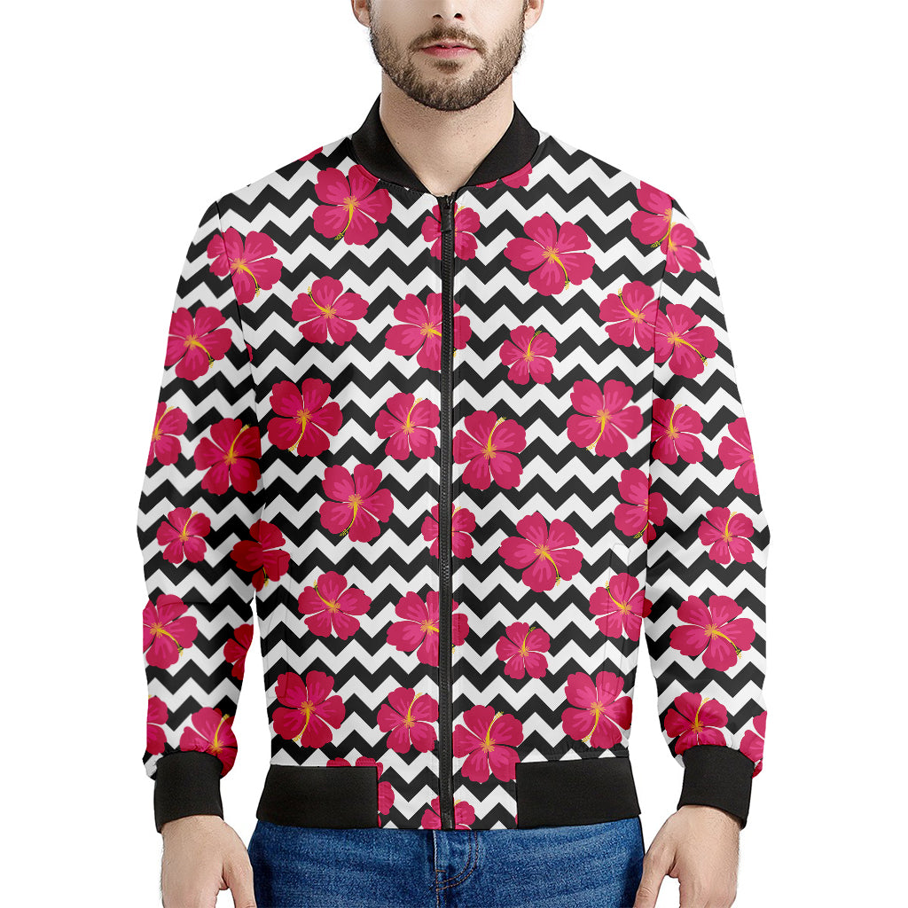 Pink Hibiscus Zigzag Pattern Print Men's Bomber Jacket