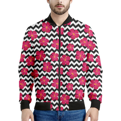 Pink Hibiscus Zigzag Pattern Print Men's Bomber Jacket