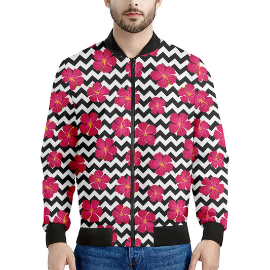 Pink Hibiscus Zigzag Pattern Print Men's Bomber Jacket