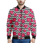 Pink Hibiscus Zigzag Pattern Print Men's Bomber Jacket