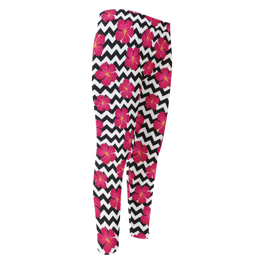 Pink Hibiscus Zigzag Pattern Print Men's Compression Pants