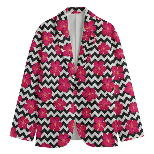 Pink Hibiscus Zigzag Pattern Print Men's Cotton Blazer