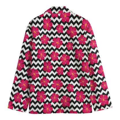 Pink Hibiscus Zigzag Pattern Print Men's Cotton Blazer