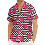 Pink Hibiscus Zigzag Pattern Print Men's Deep V-Neck Shirt