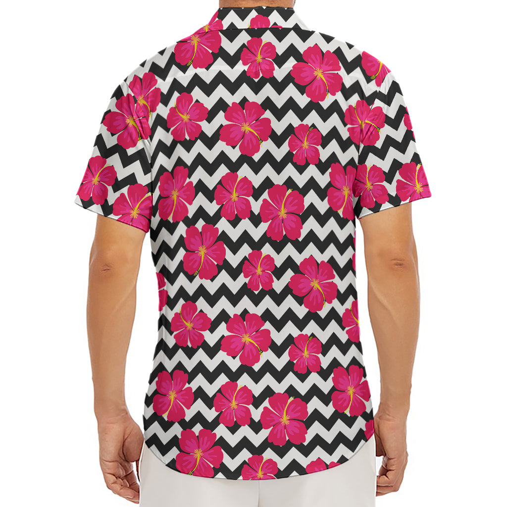 Pink Hibiscus Zigzag Pattern Print Men's Deep V-Neck Shirt