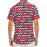 Pink Hibiscus Zigzag Pattern Print Men's Deep V-Neck Shirt