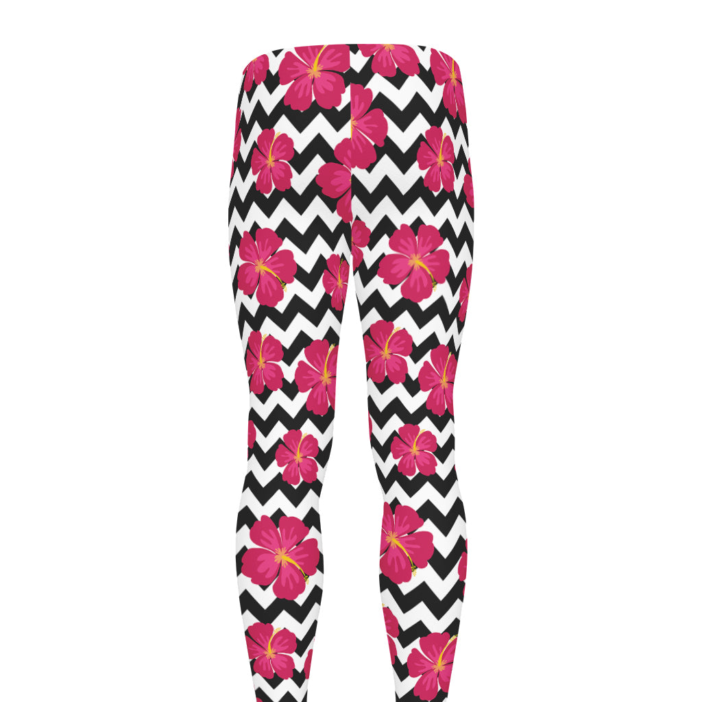 Pink Hibiscus Zigzag Pattern Print Men's leggings