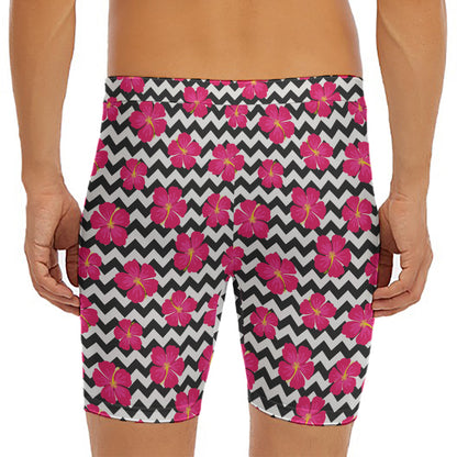 Pink Hibiscus Zigzag Pattern Print Men's Long Boxer Briefs